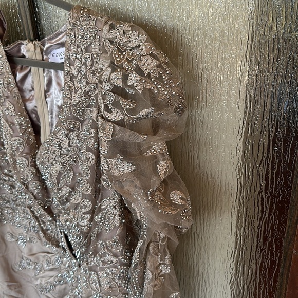 Mac Duggal 20346 Embellished Faux Wrap Illusion Puff Sleeve Gown Taupe 14 - Picture 10 of 13